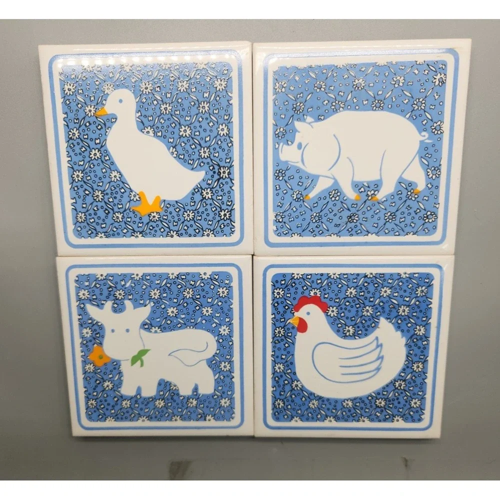 Set Of 4 Farm Cottage Trivet Coasters Tiles Blue White Pig Duck Cow Chicken READ